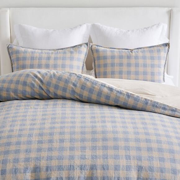 Pottery Barn Dalton Check Linen Cotton Duvet Cover Yarn Dyed Blue Tan Bedding
